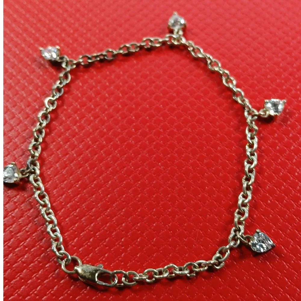 Vintage 1990s Sterling Silver Heart Dangle Charm Bracelet Cubic Zirconia 7 Inch